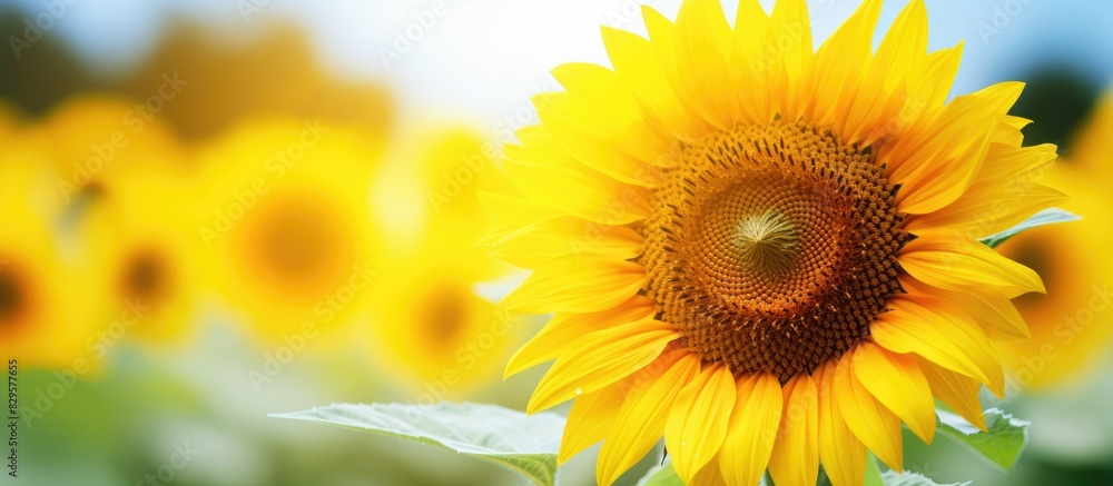 Poster close up shot of a vibrant sunflower in a field with a bright yellow color with empty space around t