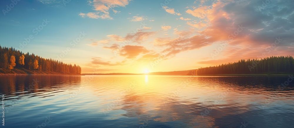 Aufkleber sunset at the lake with a beautiful view of the sun setting on the horizon creating a picturesque sc