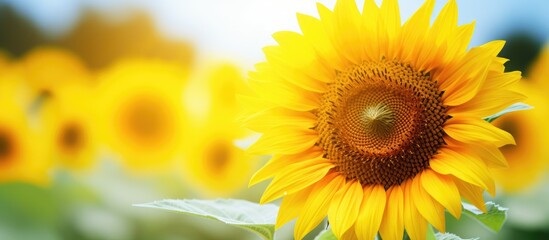 Obraz premium Close up shot of a vibrant sunflower in a field with a bright yellow color with empty space around the image for text or graphics. Copy space image. Place for adding text and design