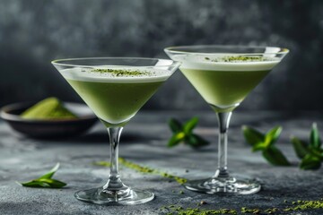 Refreshing matcha martini - summer's latest must-have cocktail. Cool matcha mixed drinks in elegant martini glasses dusted with vibrant green powder