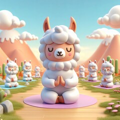 Fototapeta premium cute llama alpaca meditation yoga cartoon, 3d Generative AI
