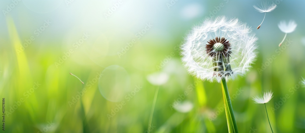 Poster macro image of delicate dandelion seed head with intricate white seedings in green grass creating a 