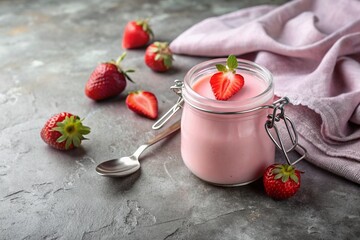 A healthy, healthy breakfast. Homemade strawberry yogurt with fresh strawberries, vintage spoon and towel on a stylish gray background.