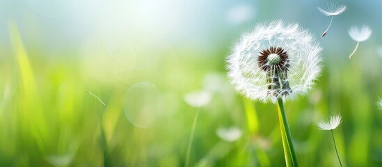 Macro image of delicate dandelion seed head with intricate white seedings in green grass creating a beautiful composition with copy space image