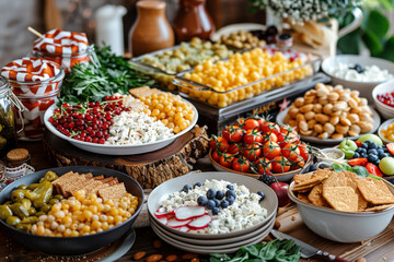 Fototapeta premium Buffet table spread with a variety of dishes, suitable for articles on catering and event planning.