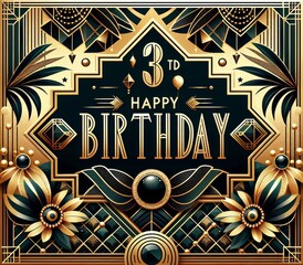Art Deco 3rd birthday card: black, gold, green geometric patterns, floral motifs, elegant typography