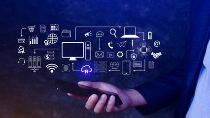 Businessman using technology equipment and line interface icons, Computer system resources and data storage, Cloud service technology marketing and business concept.