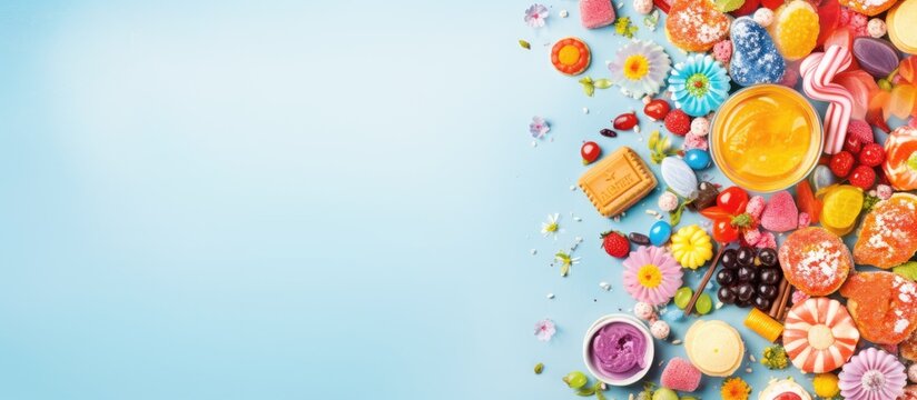 Bright party background with a colorful array of different child s sweets and treats including candies featuring jelly and sugar patterns creating a vibrant copy space image with kids favorite marmal