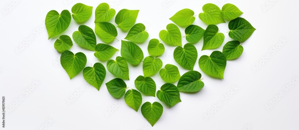 Poster a green heart shaped leaf set against a white backdrop with a clipping path for easy editing suitabl
