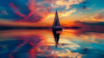 Silhouetted sailboat against a vibrant sunset sky.