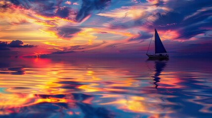 Silhouetted sailboat against a vibrant sunset sky.