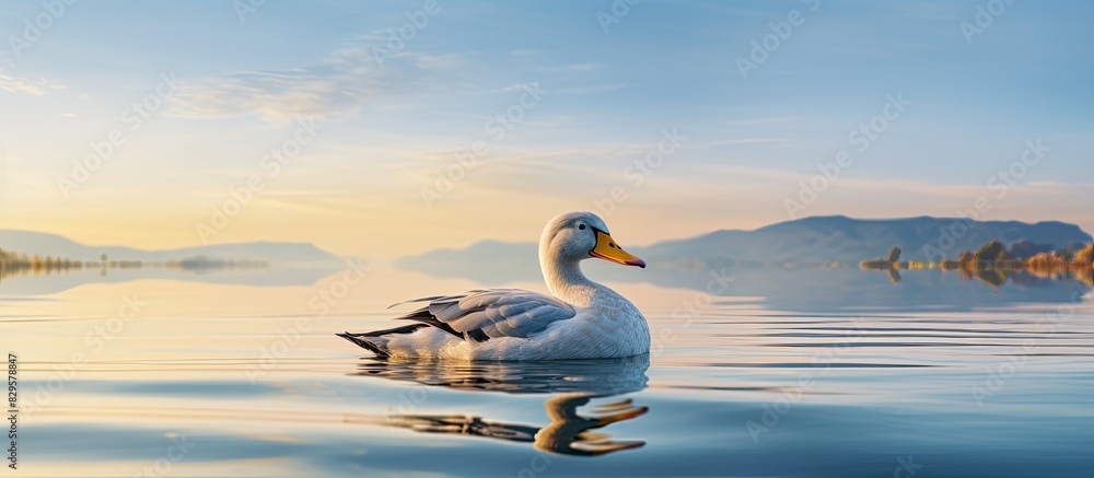 Poster the stunning duck in the picture with a serene lake in the background captivates the eye offering am