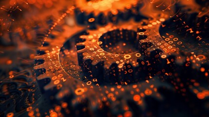 RUST programming language concept, featuring rusty gears intricately combined with binary code on a dark, tech-themed background, symbolizing the fusion of old machinery and modern programming.