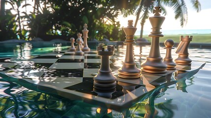 A pool with a floating chess set, where the pieces are water-resistant and move with the current