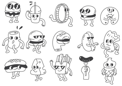 Cartoon Fast Food Characters Collection Doodle Line Art