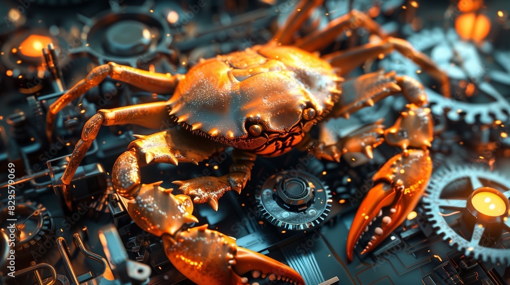 Poster a vibrant crab perched on a set of rusty gears, symbolizing the rust programming language concept, b
