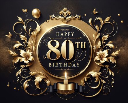 Elegant golden floral 80th birthday design with candle, balloon, and flourishes on black background. - Powered by Adobe