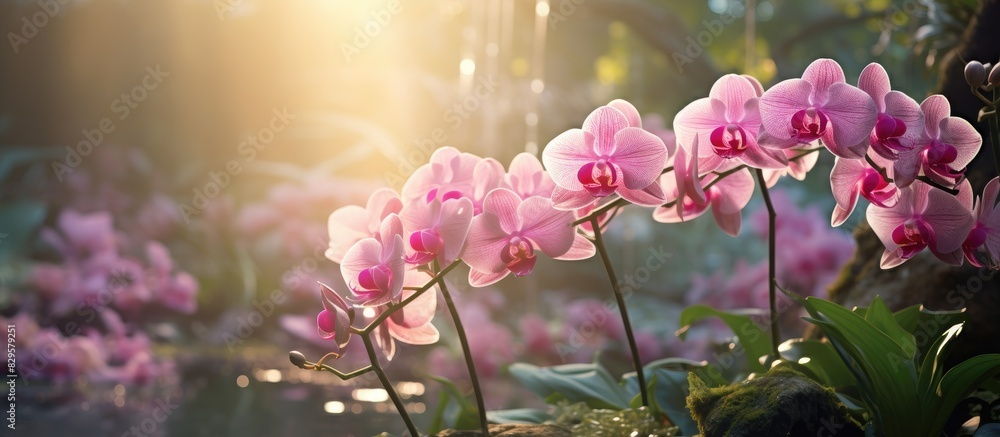 Poster orchids displayed against a serene nature backdrop with copy space image available