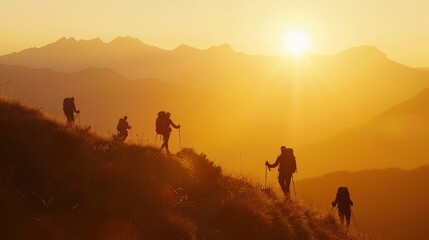 Fototapeta premium Breathtaking mountain sunrise panorama with silhouette hikers. Silhouettes of hikers reaching a mountain peak at sunrise.