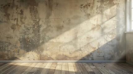 Empty grunge wall in a living room, bathed in daylight, showcasing ancient textures