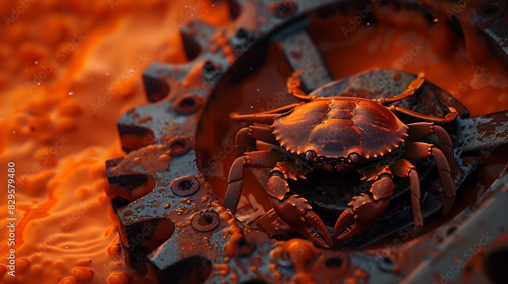Poster the rust programming language concept, featuring a rusty gear with a crab perched on top, symbolizin