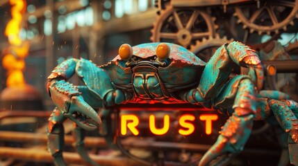 A vibrant crab perched on a background of gears, symbolizing the Rust programming language and its focus on safety, concurrency, and performance in systems programming.