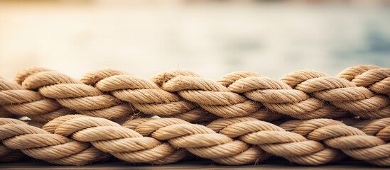 Fototapeta premium Hemp rope is commonly used for securing boats and yachts. Copy space image. Place for adding text and design