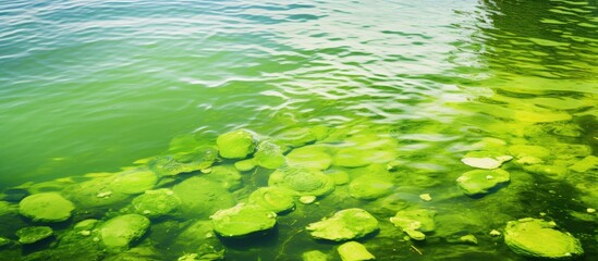 Green algae floating in the lake water with ample copy space image available