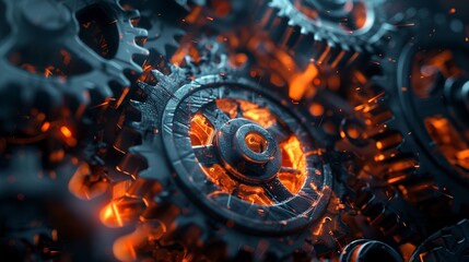 The Rust programming language concept, featuring dark, rusty interlocking gears illuminated by vibrant orange light accents, symbolizing efficiency and innovation.