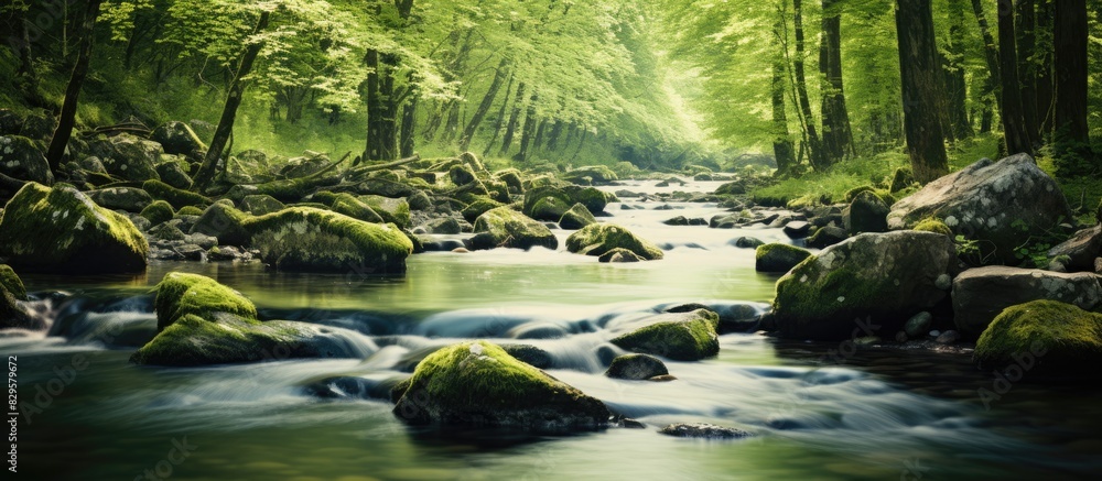 Poster forest river featuring soft flowing water captured with a slow shutter speed in the woods ideal for 