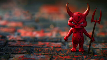 Little Devil Figurine with Horns and Pitchfork on Halloween-Themed Background, whimsical, menacing devil stands on a dark, red-splattered surface, embodying the spirit of Halloween