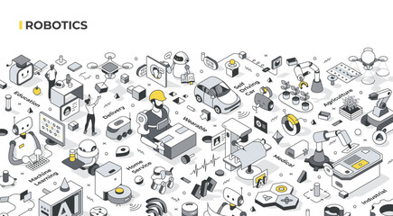 Modern society robotics isometric illustration that highlights different aspects of robotics: industrial, medical, service, agricultural, educational, machine learning, delivery, and wearable robotics