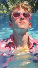 swimming in the pool, man with long wavy red hair wearing a pink and blue pastel neon suit floating underwater, which in Generate AI