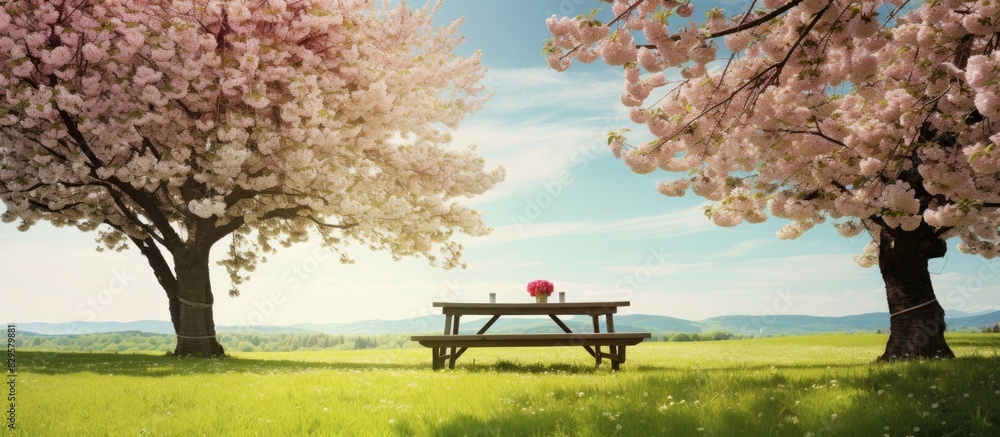 Poster cherry trees in bloom with a tranquil background providing a lovely setting for a serene picnic with