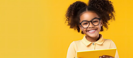 A cheerful African American schoolgirl with glasses holding books on her head smiles in a playful manner against a yellow backdrop in the copy space image - Powered by Adobe