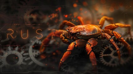 A vibrant crab perched on a background of gears, symbolizing the Rust programming language and its focus on safety, concurrency, and performance in systems programming.