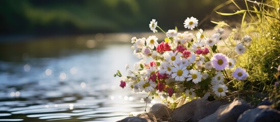 A romantic bunch of wildflowers by a river in summer with selective focus for a copy space image