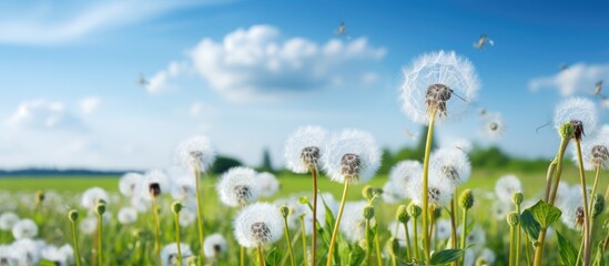 A close up photo of a field with fluffy white dandelions in the summer season featuring small depth of field suitable for copy space image - Powered by Adobe