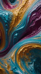 Foamy sprays of color cascade alongside metallic swirls, sculpting an abstract terrain of free-flowing textures.