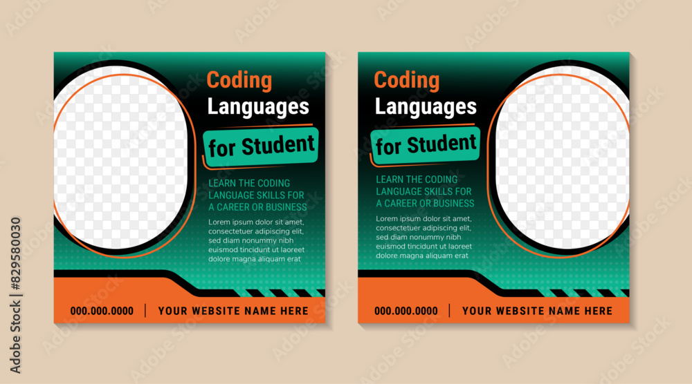 Poster collection of coding language for student square banner design template. diagonal space for photo co