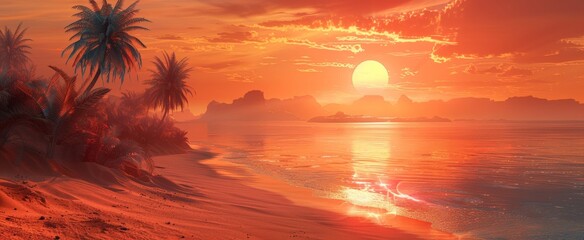 A tranquil beach at sunset, with the sun dipping into the ocean, casting a warm glow on the sandy shore and palm trees.