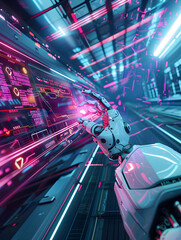 Explore a futuristic cityscape where AI and human connections are made through hands and fingers on touch screens.AI and human minds connect in a futuristic cityscape, fingers and hands interacting