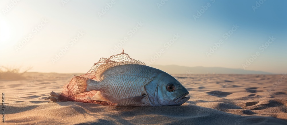 Poster a captured fish trapped in a net on a sandy beach with no freedom or space to move with a background