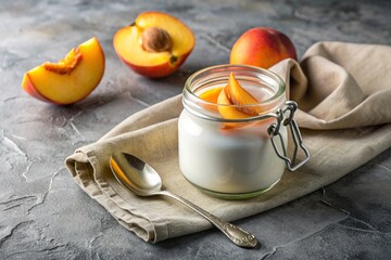 A healthy, healthy breakfast. Homemade peach yogurt with fresh peaches, vintage spoon and towel on a stylish gray background.