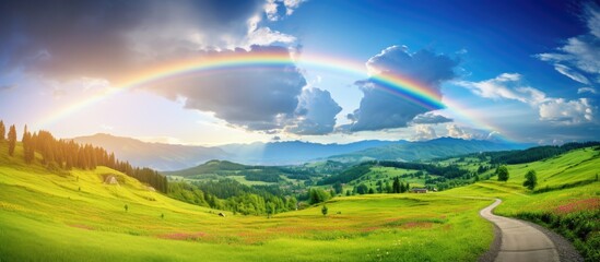 Obraz premium Beautiful landscape photography of a stunning scene in the summer mountains with lush green meadows a rural road a colorful rainbow in the dramatic sky and a striking copy space image