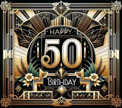 Elegant art deco 50th birthday design with gold, black, geometric patterns, and floral accents - Powered by Adobe