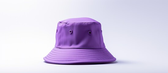 Fototapeta premium Purple bucket hat on a white backdrop with copy space image