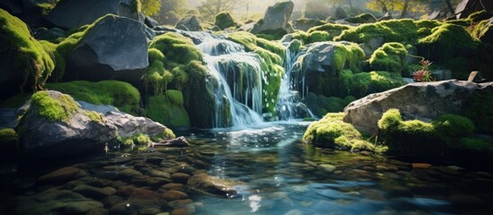 Scenic little waterfalls complemented by colorful rocks and mosses create a picturesque copy space image