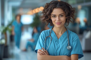 A personable young nurse in scrubs poses with confidence in a bustling hospital corridor, representing care and professionalism