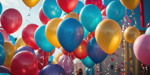 Birthday Bunch of Colorful Balloons .  A cluster of brightly floats colored balloons, including red, yellow, blue, and green.